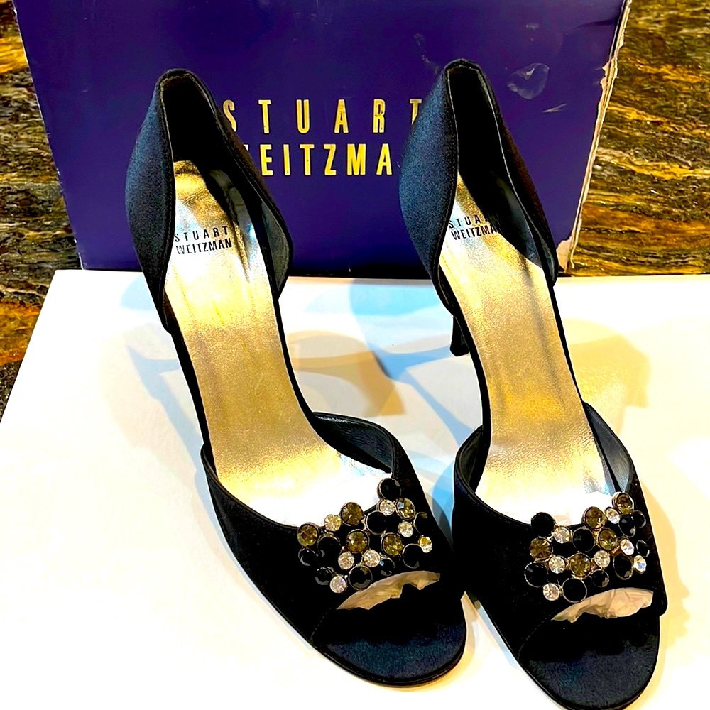 Stuart Weitzman Black Satin Embellished Heels